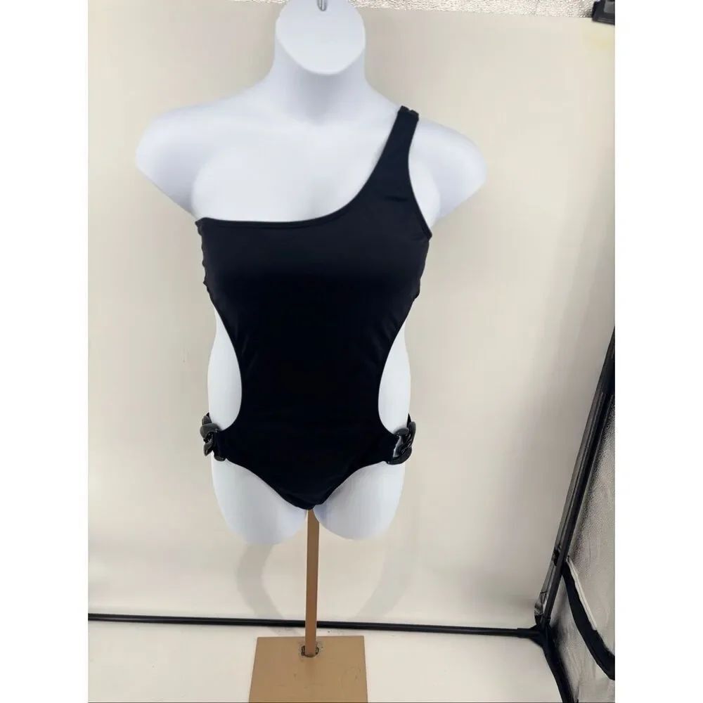 Victoria's Secret Swim Cutout One-Shoulder Black Chain Ring Monokini Size Large